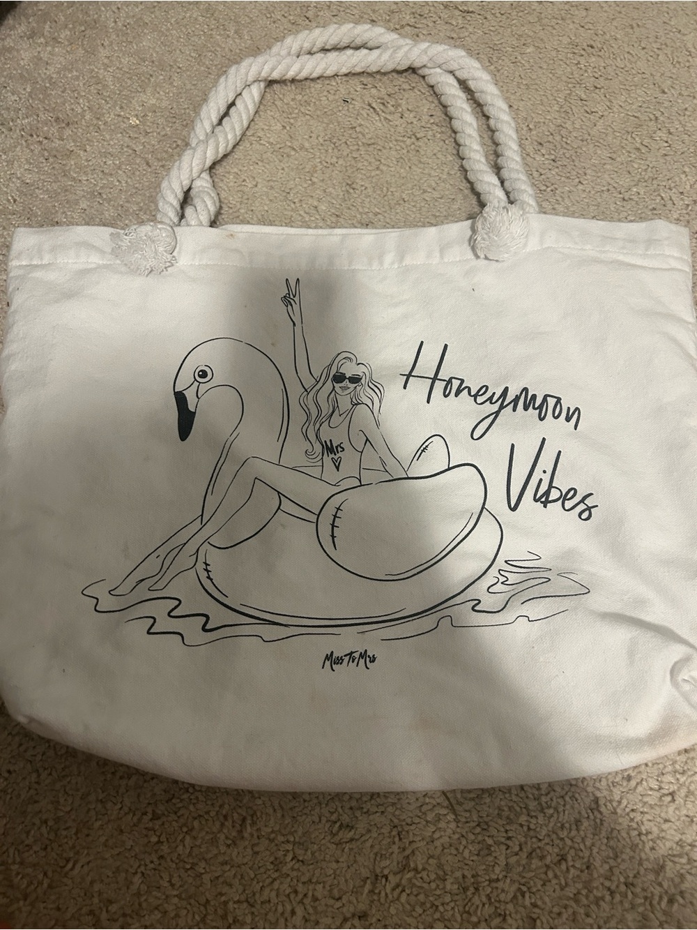 White 'Honeymoon Vibes' Canvas Tote with Rope Handles